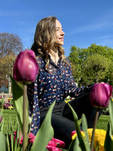 Amsterdam, Chemisier à Manches Longues Imprimé Tulipe Mousseline de Soie