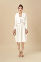 11# Simone, White Pleated Skirt Suit with Gold Button Jacket
