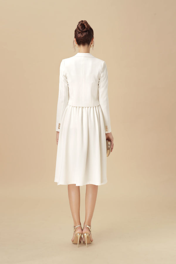 11# Simone, White Pleated Skirt Suit with Gold Button Jacket
