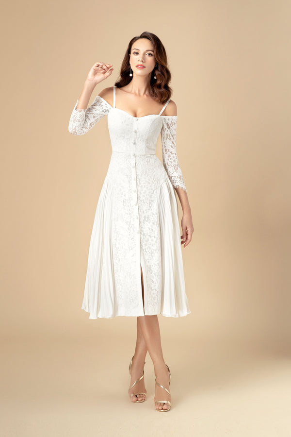 13# Céline, White Lace Dress with Thin Straps and Bardot Neckline