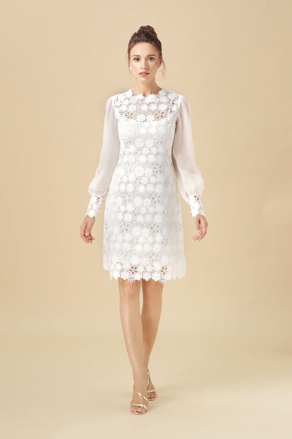 10# Priscilla, White Guipure Lace Floral Short Ceremony Dress
