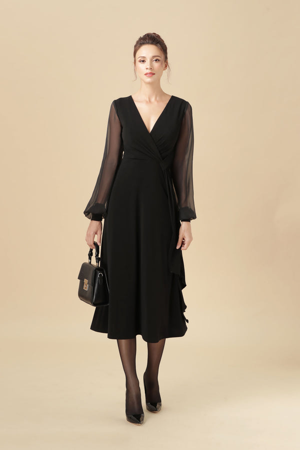 02# Louise, Black Jersey and Long Sleeve Muslin Midi Dress
