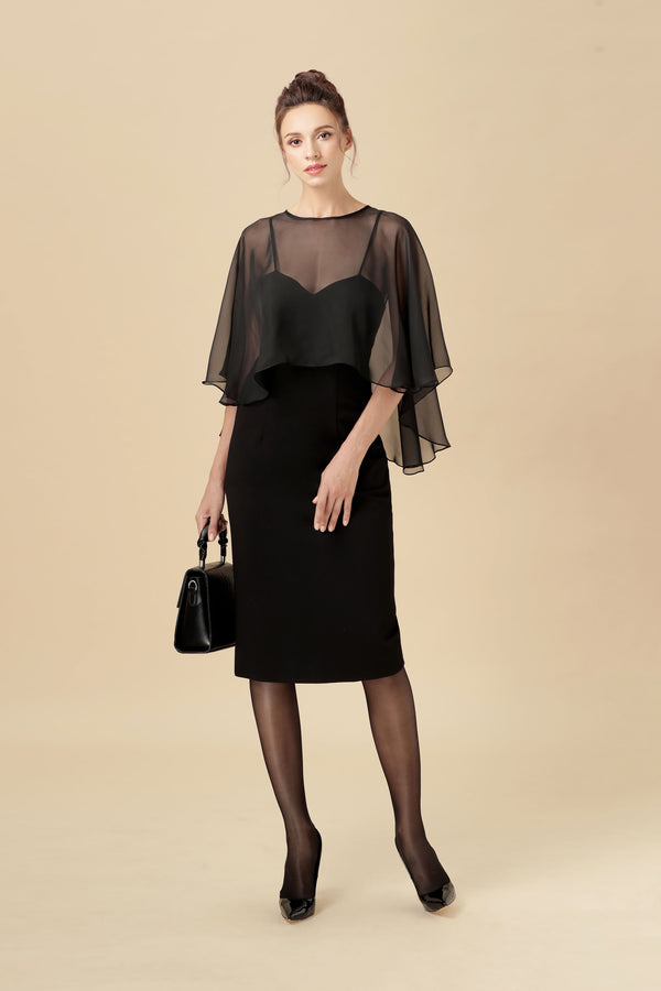 20# Michelle, Black Halter Sheath Dress, Mid-Length with Silk Chiffon Cape