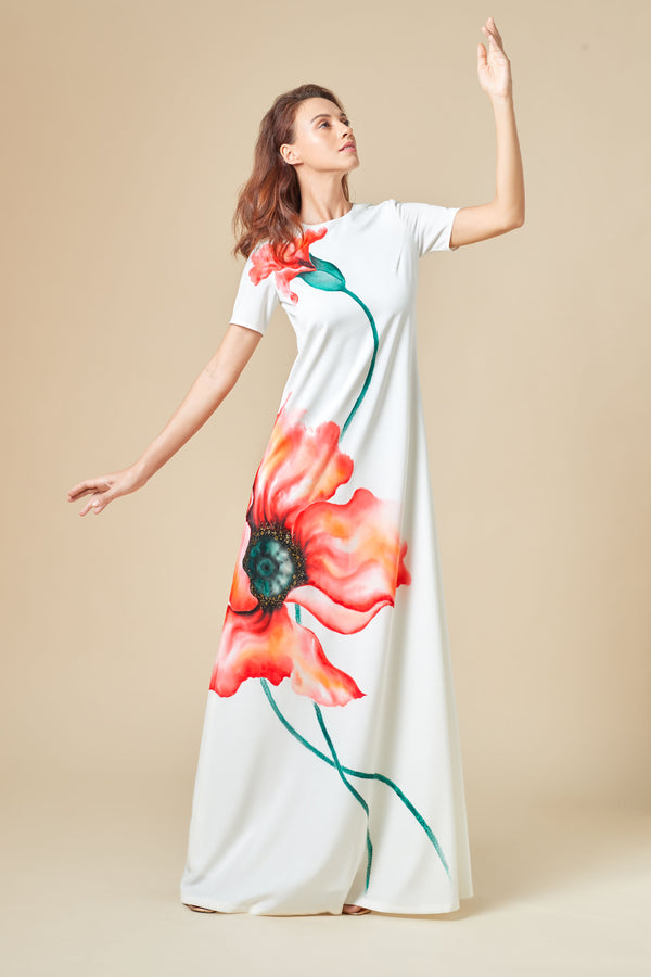 19# Kelly, Long Dress with Watercolor Painting The Poppies