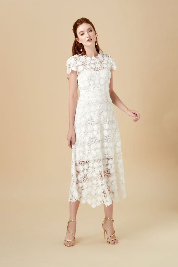 09# Rosalind, Modern White Guipure Lace Wedding Dress with Flowers