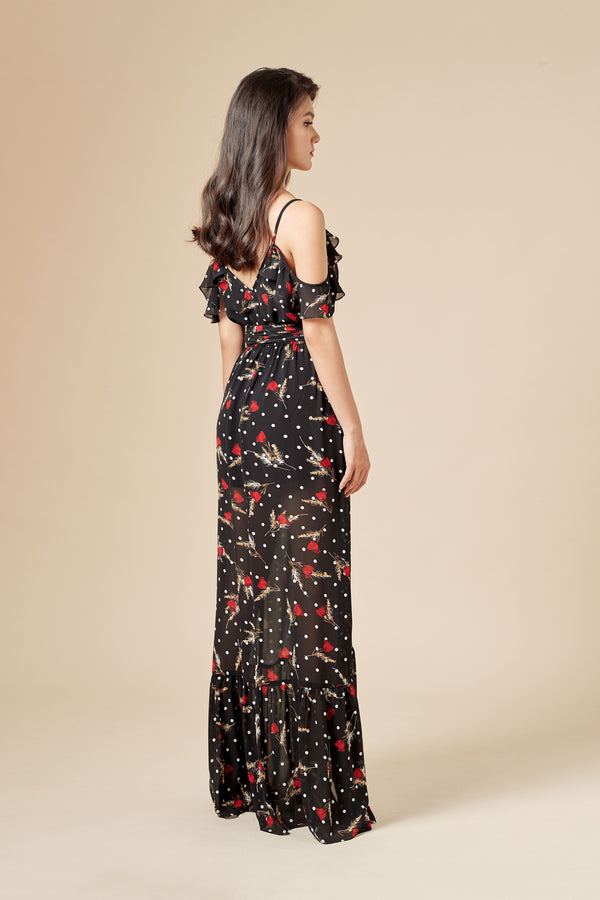 04# Delphine, Maxi Dress in Silk Muslin with Wheat Poppy Flower Print