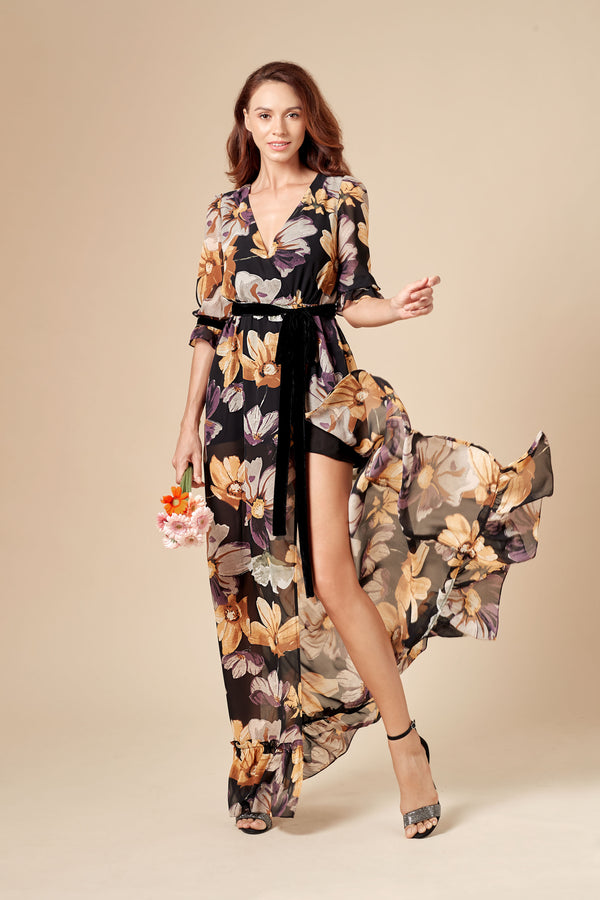 07# Jocelyn, Maxi Dress in Silk Muslin with Gerbera Flowers or Daisies Print