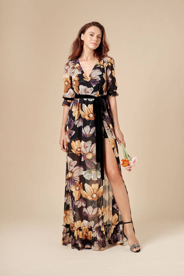 07# Jocelyn, Maxi Dress in Silk Muslin with Gerbera Flowers or Daisies Print