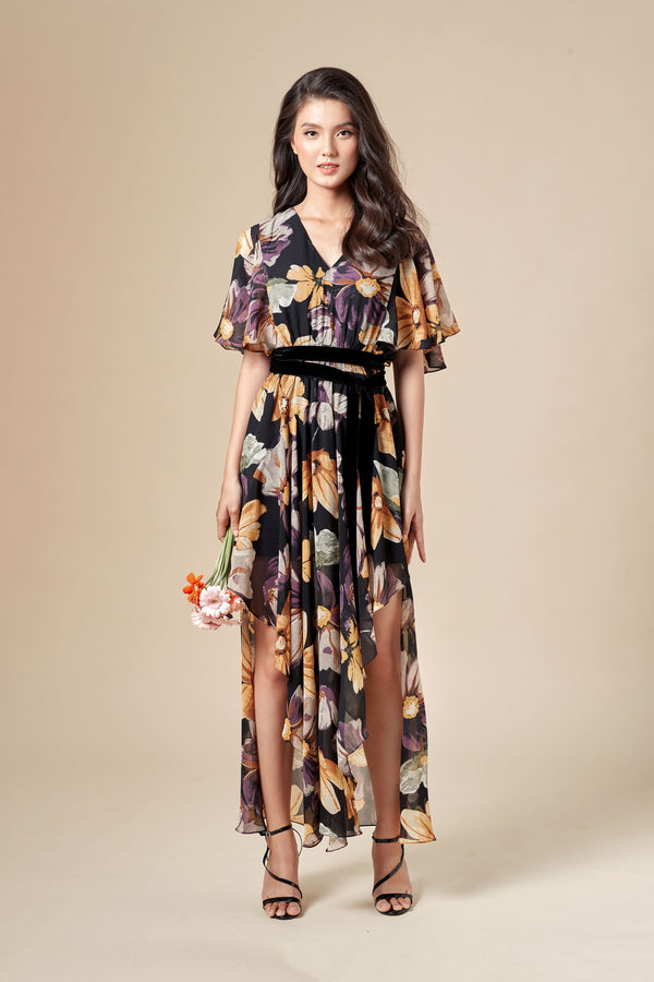 08# Marie, Maxi Dress in Silk Muslin with Gerbera or Daisy Flowers